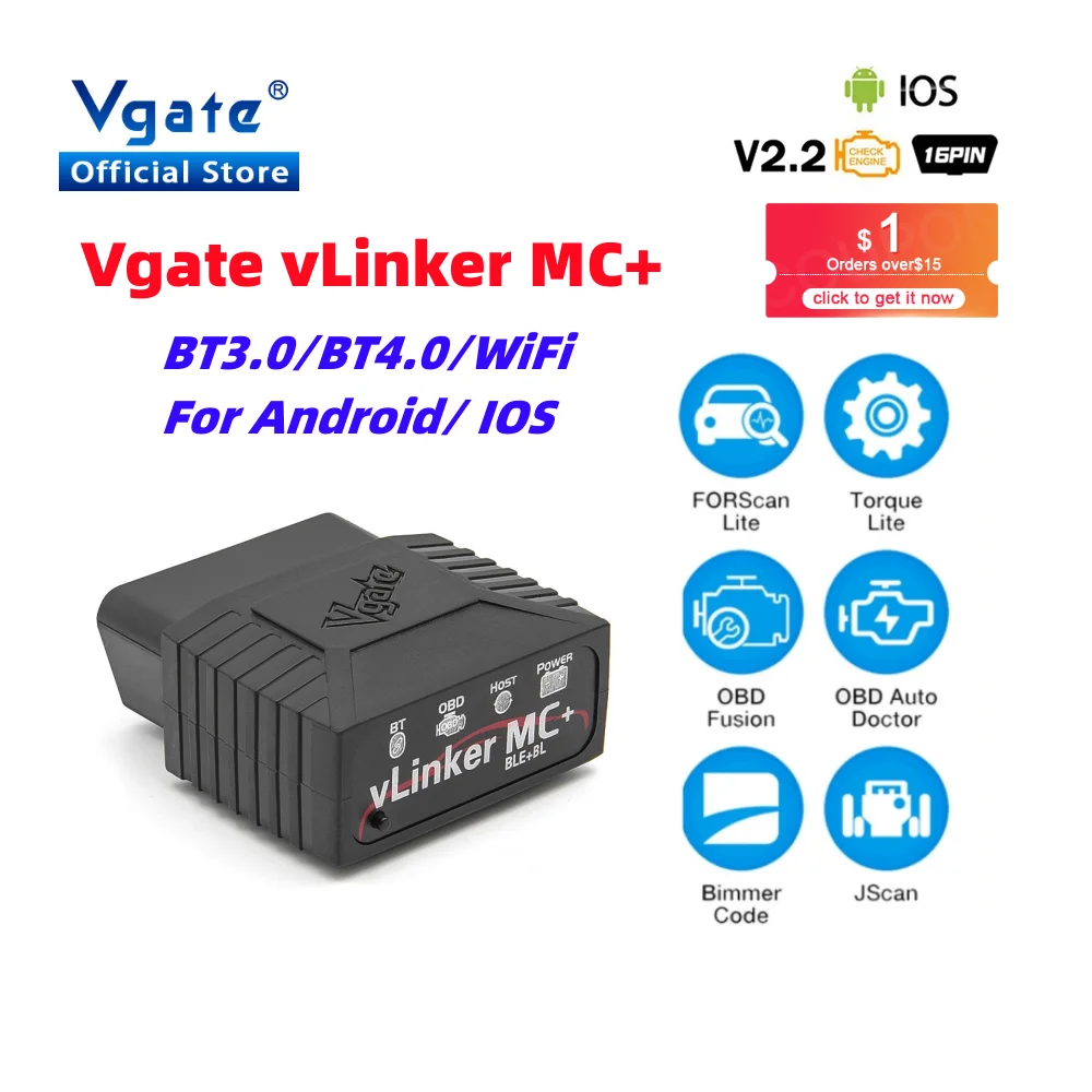 Vgate vLinker MC+ ELM 327 V2.2 Bluetooth Car Scanner OBD2 Wifi Auto Diagnostic Tool ELM327 OBD 2 obd2 Bimmercode