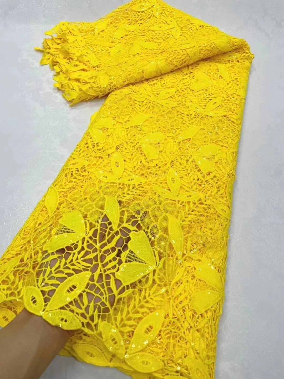 

African Water Soluble Lace Fabric Yellow 2024 African Guipure Cord Lace Fabric With Sequins For Women Wedding Party Sew Dresses