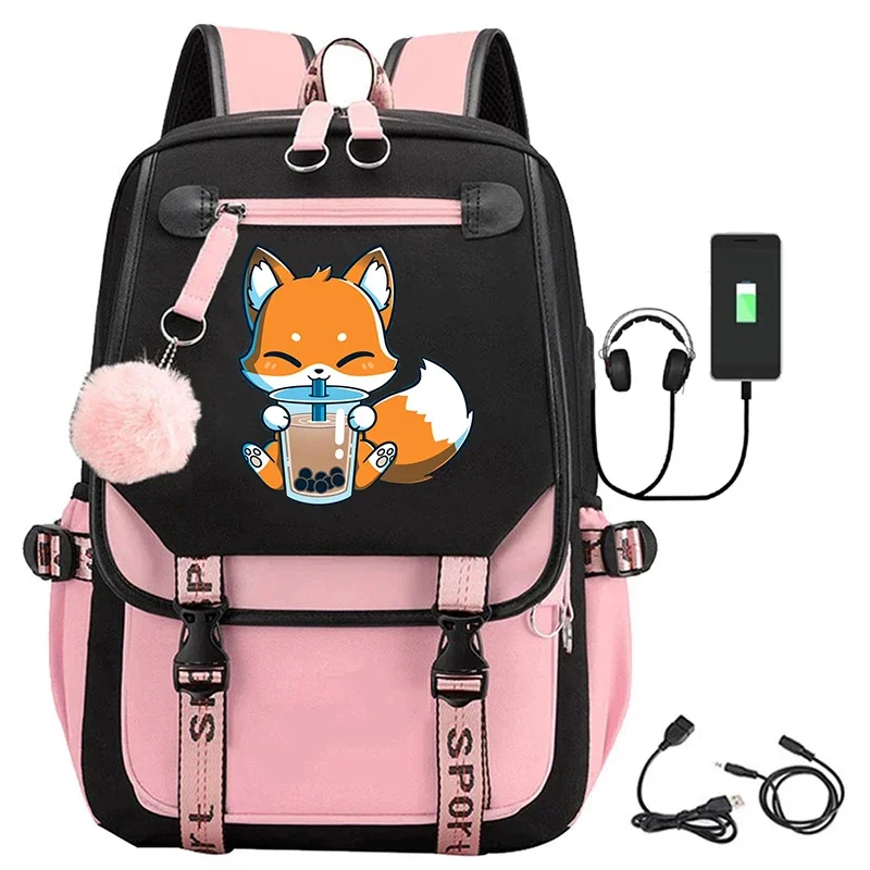 Fox Panda Drink Milk Tea Print USB Charging Backpacks Girls Cute Boba Tea School Bags Student Fashion Bookbag Teenage Laptop Bag