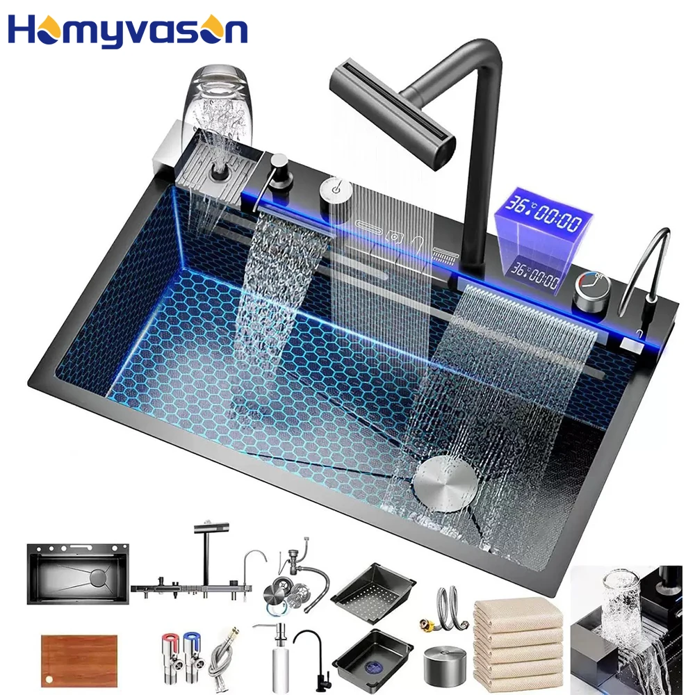 

68/75/80cm Digital Display Multifunctional Waterfall Ready Made Under Mount Sink Single Bowl 304 Stainless Steel Kitchen Sink