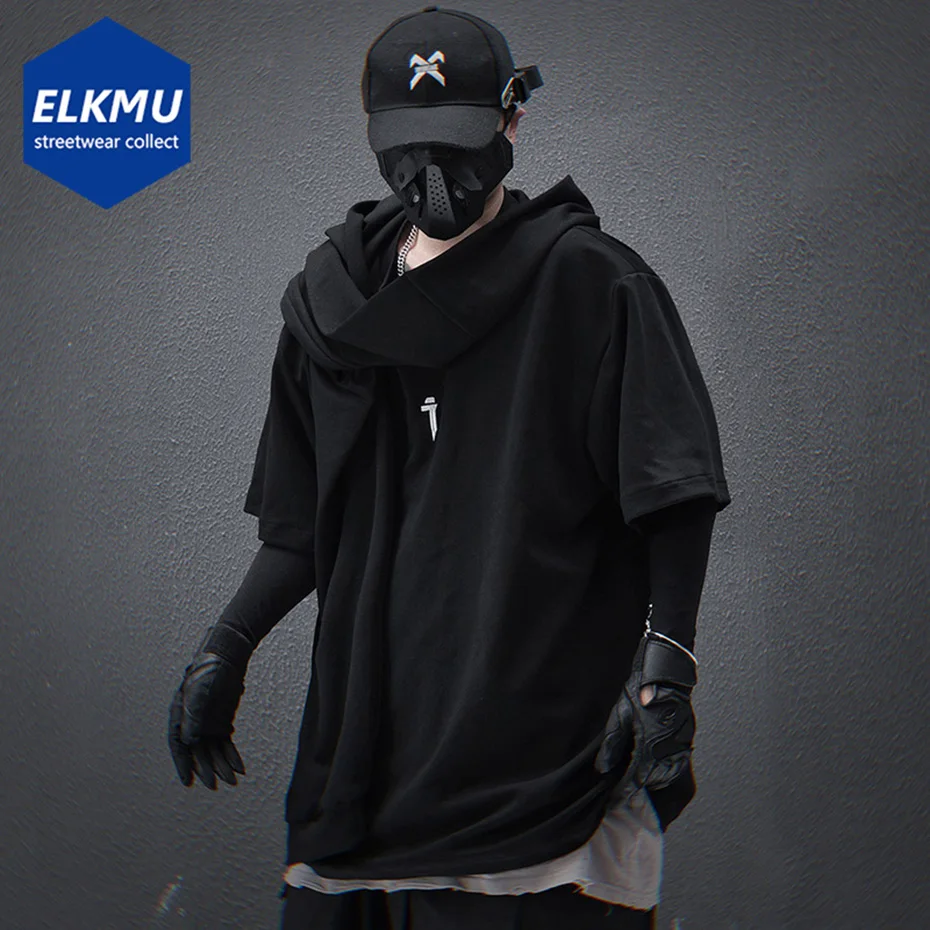 

Men's Fashion Fake Two Piece Hooded T-shirts Long Sleeve Patchwork Oversized Harajuku T Shirt Loose Casual Tee Tops