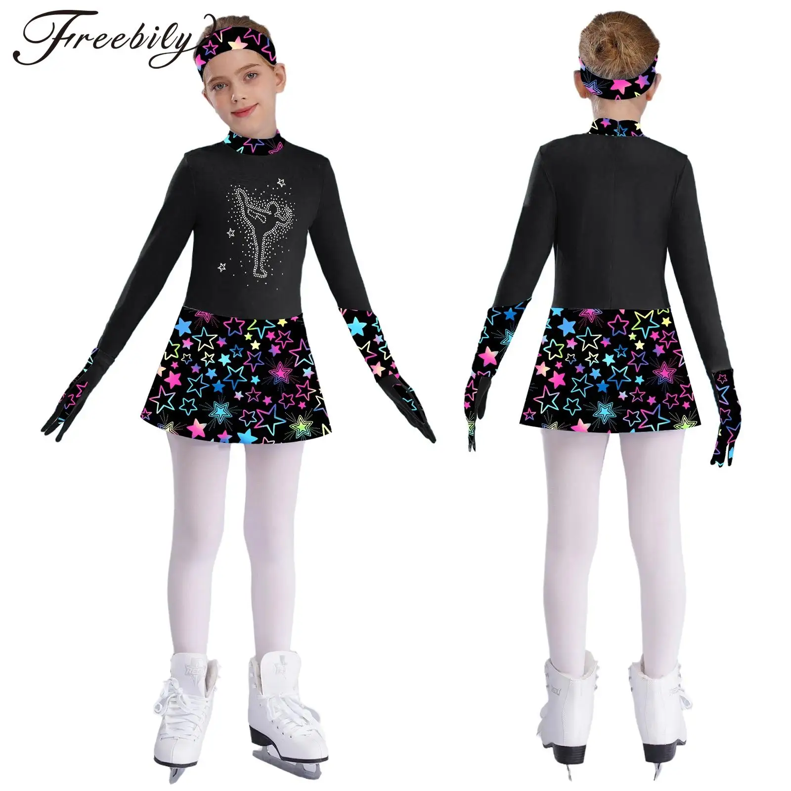 Kids Girls Figure Skating Rhythmic Gymnastics Dance Dress Long Sleeve Shiny Rhinestones Leotard Dresses with Gloves Headband