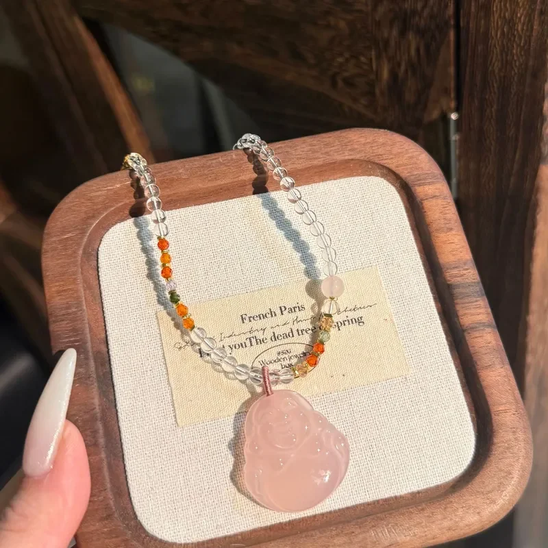 New Chinese pink ice-through chalcedony Buddha Gong pendant necklace women's light luxury niche high-end collarbone chain