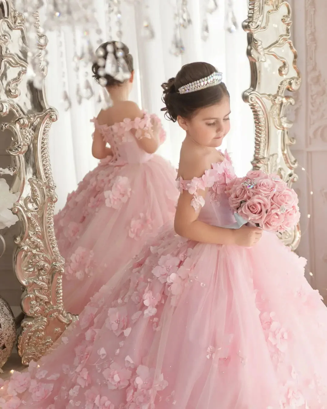 Vestido rosa de flores con apliques 3d para niña, vestido de boda con hombros descubiertos, lujoso tul con perlas, primer vestido de fiesta de cumpleaños eucarístico para niño