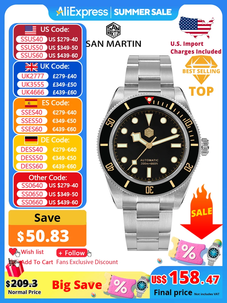

San Martin New 40mm BB58 Retro Luxury Diver Watch NH35 Automatic Mechanical Watches For Men Sapphire Luminous 20Bar Reloj SN0008