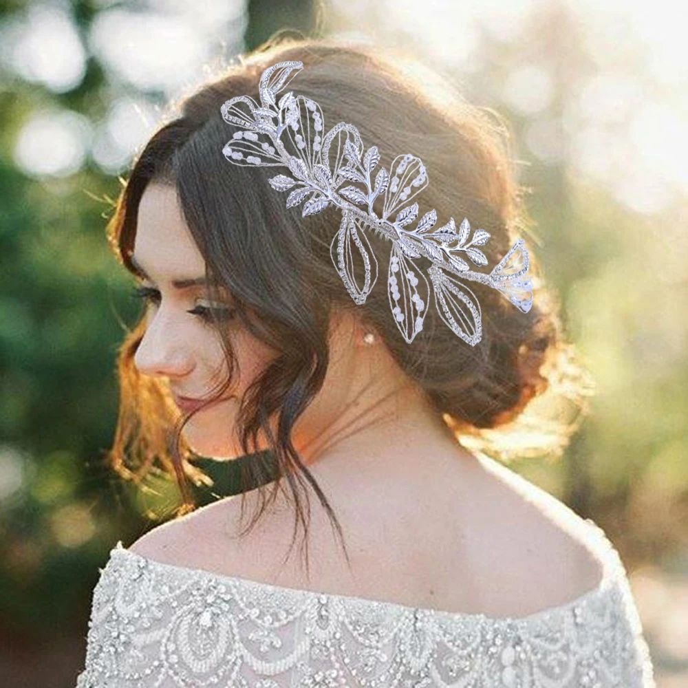 

Wedding Hair Comb Golden Bride Headdresses Silver Bridal Headpiece Branch Style Shiny Hollow Leaf Decoration Head Jewelries