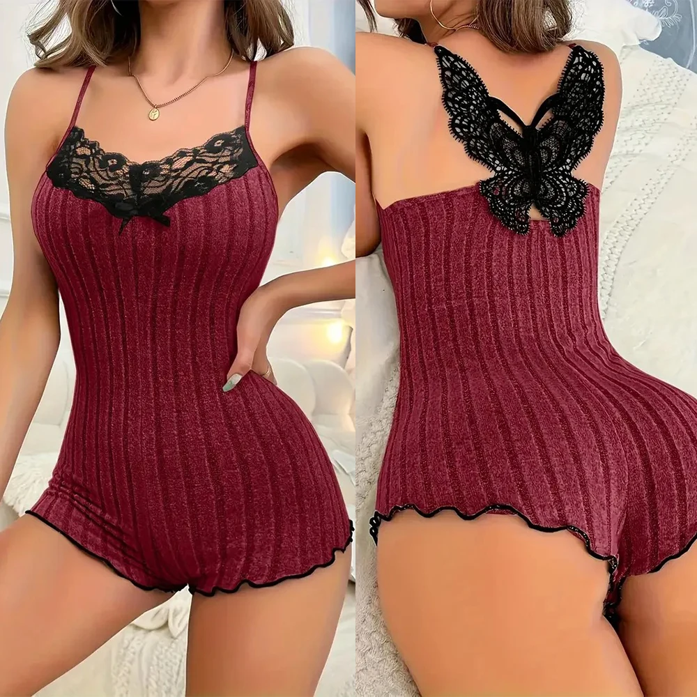 

Summer Pajamas for Womens Onesies Sleepwear Fashion Back Bow Design Lace Splicing Bodysuit Loungerwear Home Clothes