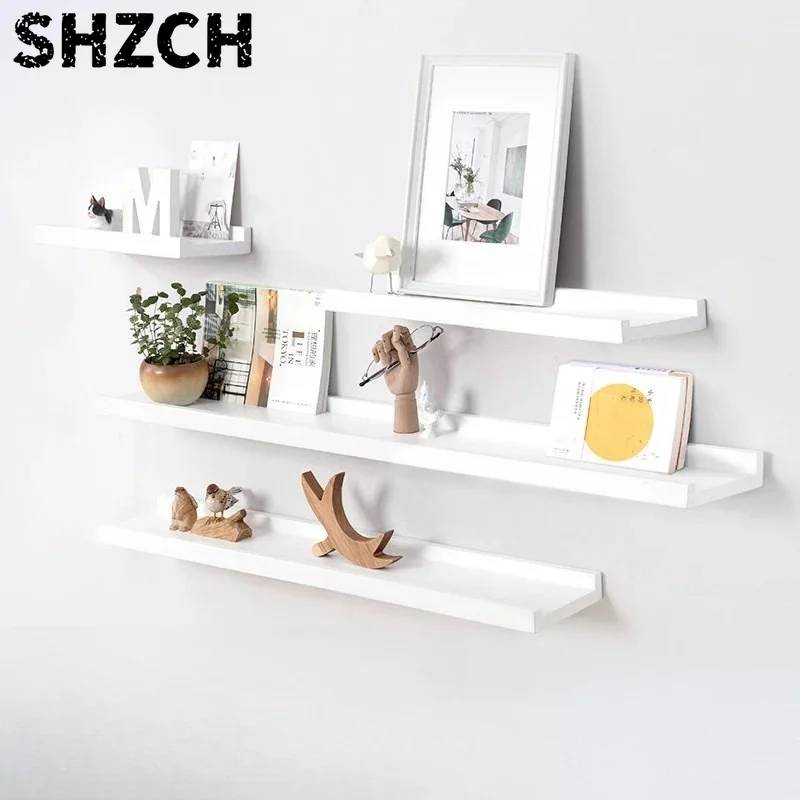 Floating Shelves Wall Mounted, White Solid Wood Drill Hanging Shelf, Storage Rack for Living Room, Bedroom, Study, Entrance