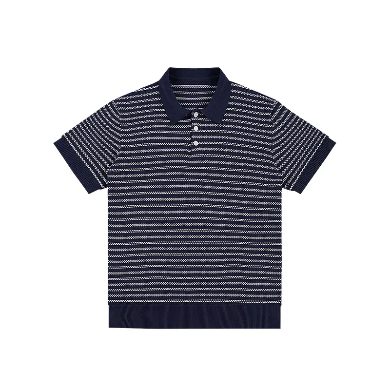 Men Vintage Color Block Stripe Lapel Knit Polo Shirt Breathable Short Sleeve Casual Top
