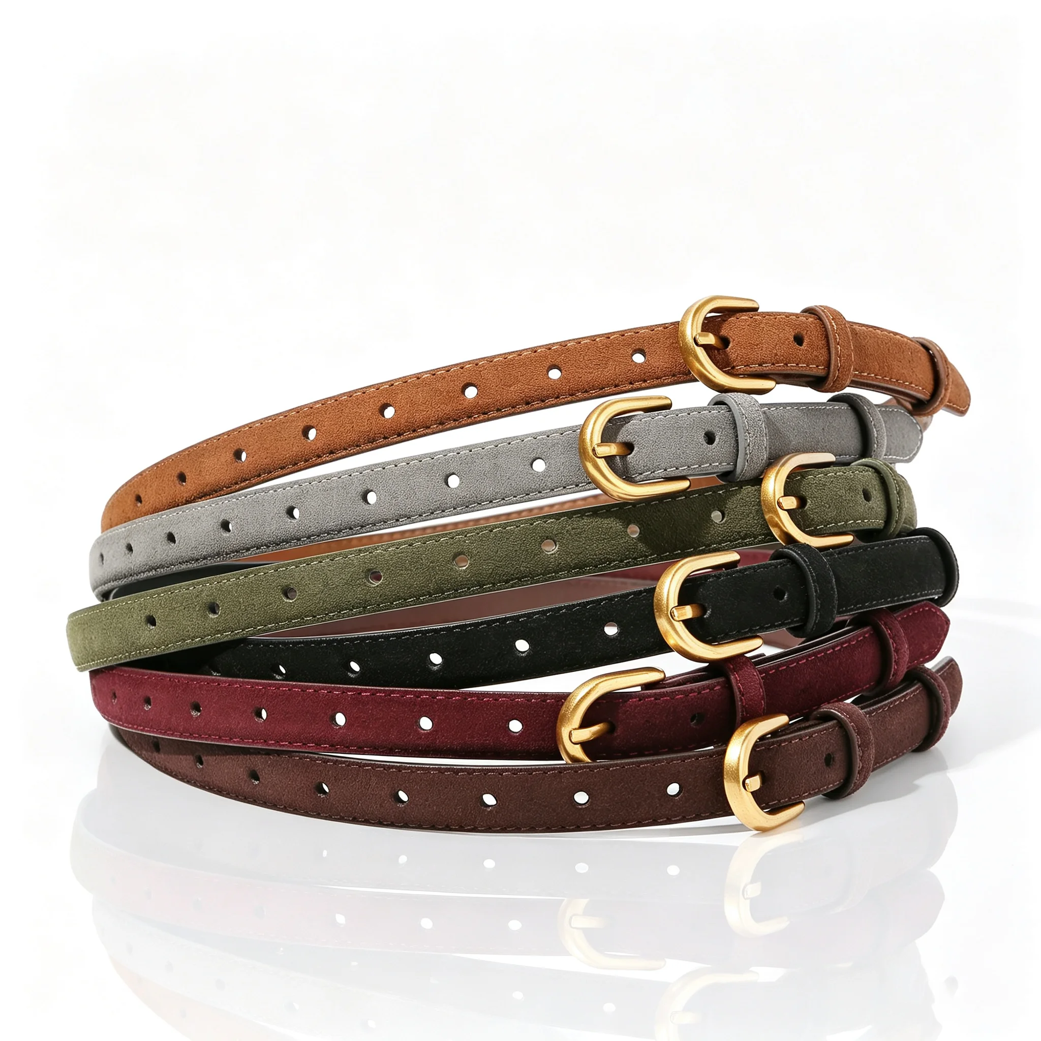 Women Suede Thin Belt Vintage Gold Metal Pin Buckle Casual Dress Jeans Decorative Waist Belt Multi‑color