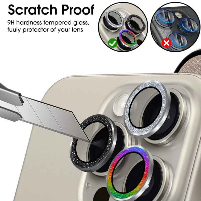 Glitter Camera Lens Protector for Iphone 15 Pro Max Plus Metal Lens Frame Full Coverage Protective for Iphone 15Pro Lens Cover