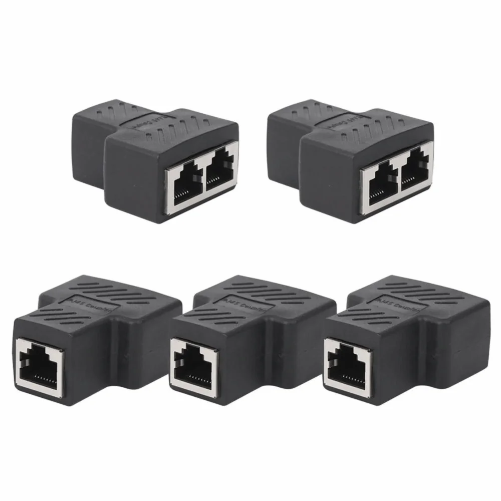 5 PCS 1 Into 2 Three Way RJ45 Network Splitter 8 Pin Industrial Grade Ethernet Extender Connecter Black Wire Extender