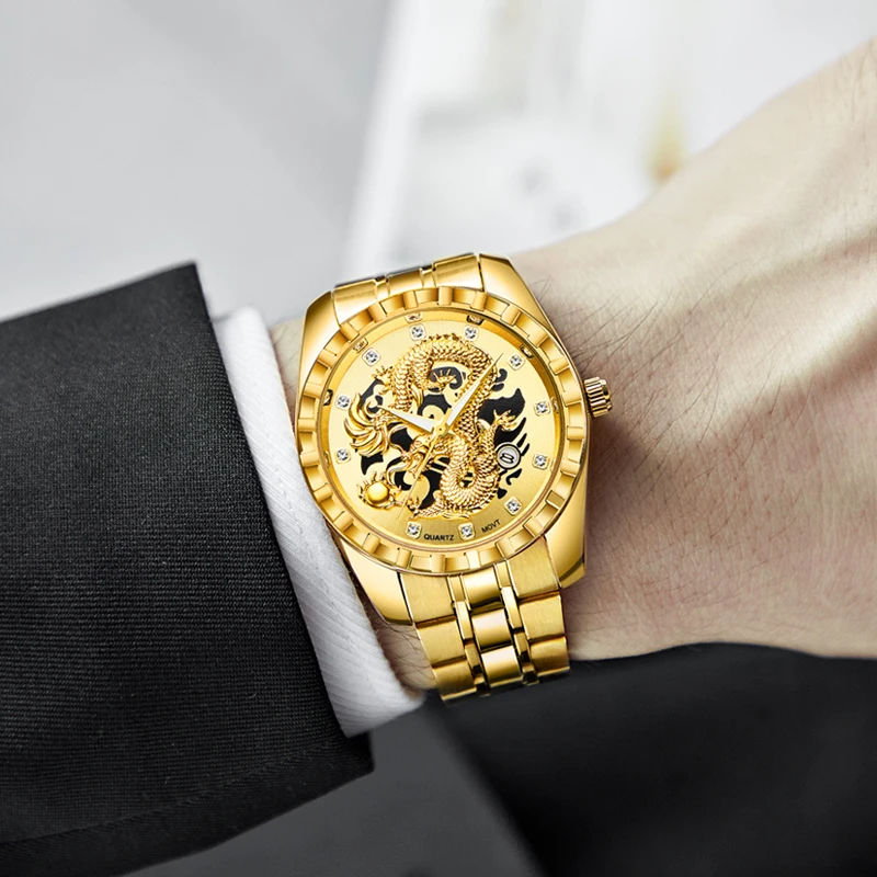 Men's Watch Golden Dragon Watch 3D Golden Dragon Original Quartz Watch for Man Dragon Dial Waterproof Luminous Date Watch