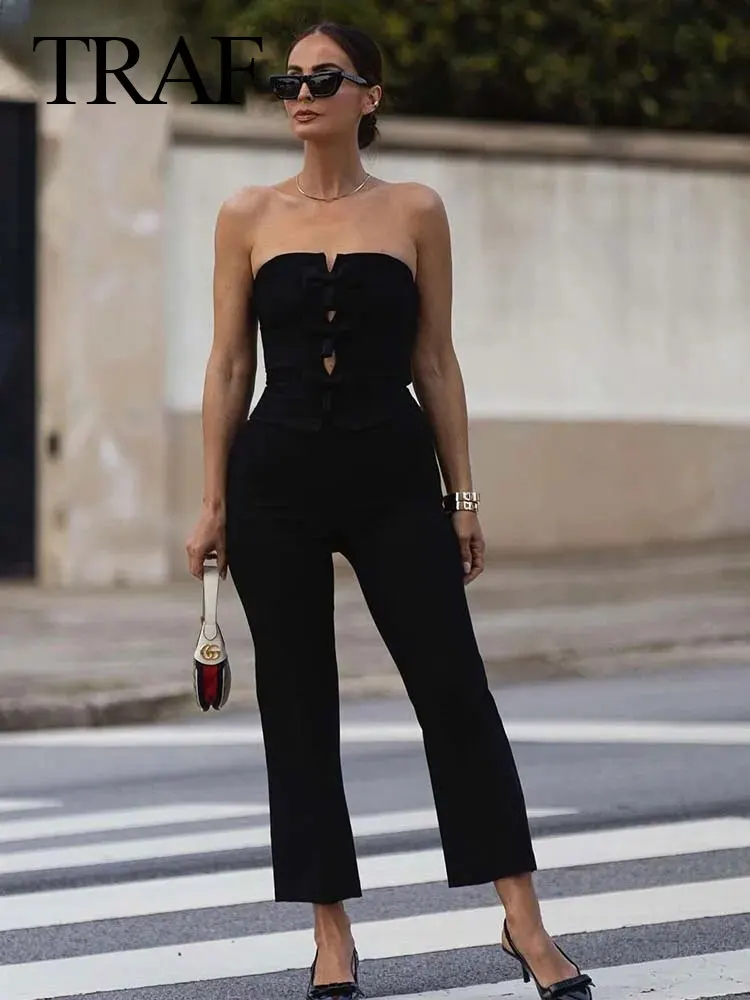 TRAF 2024 New Woman Jumpsuit Solid Chic Sleeveless Backless Side Zipper Bow Hollow Sexy Slim Female Wide Leg Playsuit Streetwear