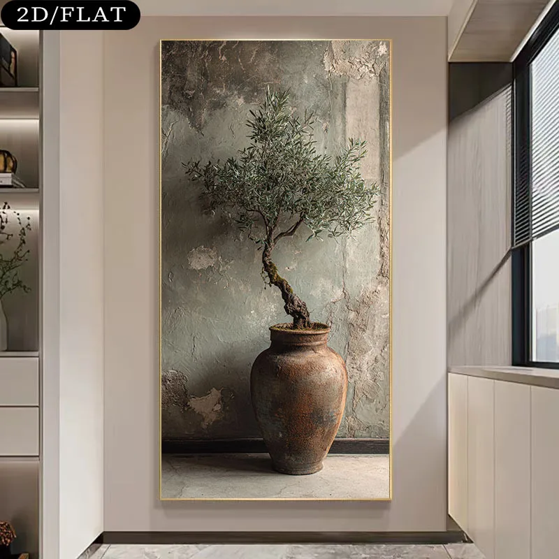 

Large Frameless Canvas Art Modern Home Decor for Living Rooms and Bedrooms, Olive Tree in A Rustic Pot Against Wall Art Poster