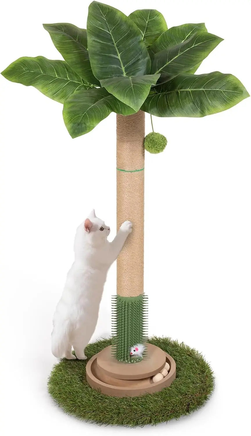 

Cat Scratching Post, 35 Inch Tall Cat Scratcher Cat Tree Tower with Hanging Ball for Indoor Cats Adults,Canna Lily Leaf,