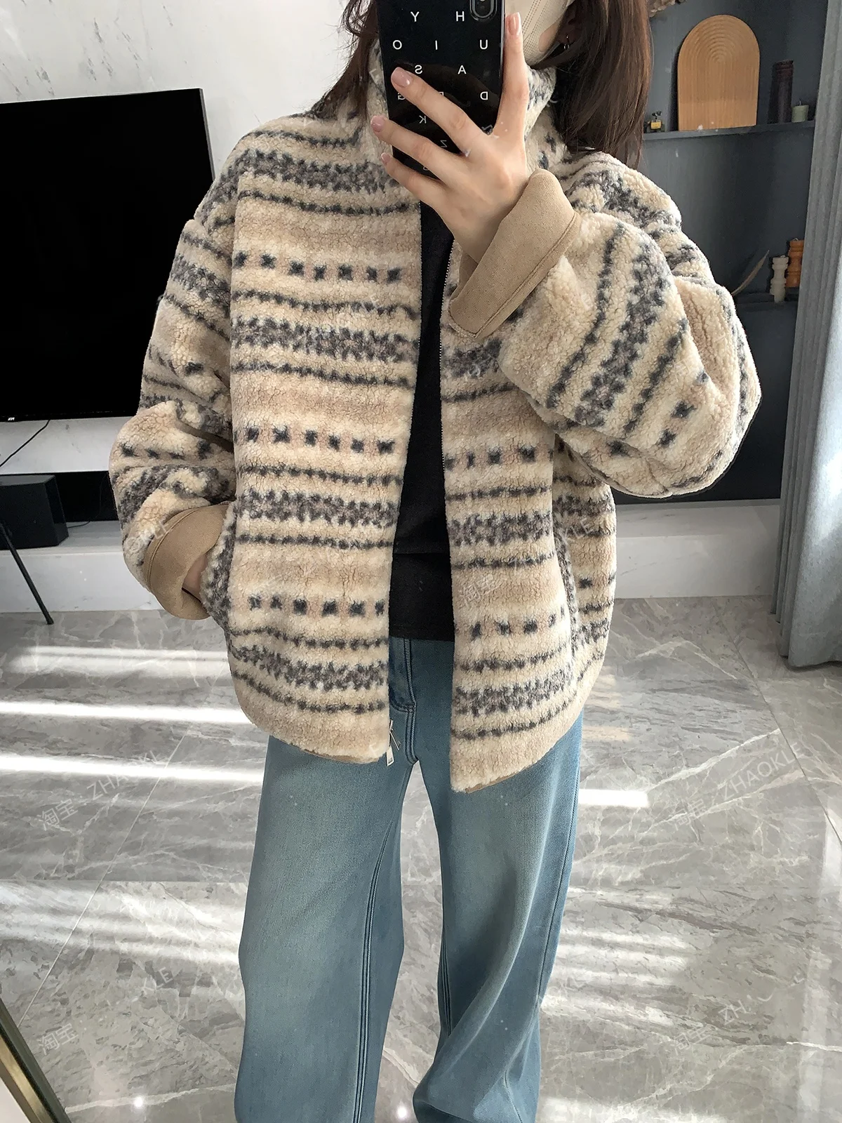 

Утепленная куртка из овечьей шерсти на молнии, зимнее теплое повседневное свободное женское хлопковое пальто в стиле Фэр-Айленд, с длинными рукавами, стандартной длины