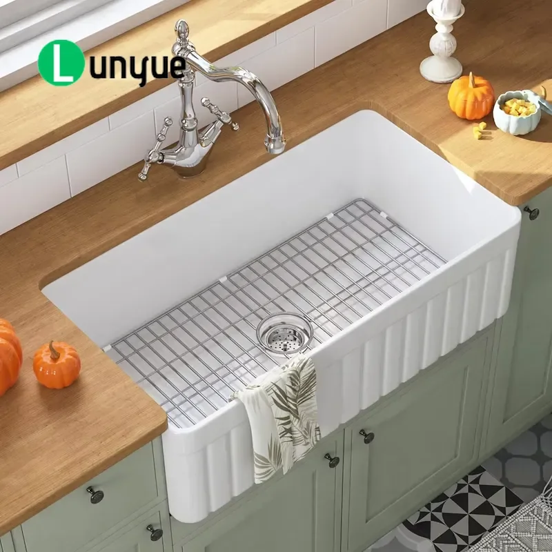 White Glossy Fireclay Ceramic Single Bowl Kitchen Sink Apron Front Farmhouse Design Handmade with Brass Drain 5 Year Warranty