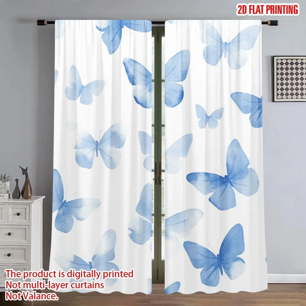 2PCS Digital Printed Curtains, Blue Print Butterfly Vintage Insect Pattern, Window Drapes for Living Room Bedroom Home Decor