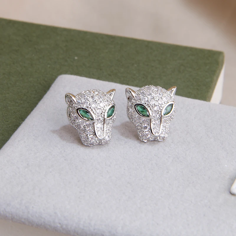 Fashion Brand Jewelry Crystal Leopard Stud Earrings Luxury Zirconia Animal Earrings for Women