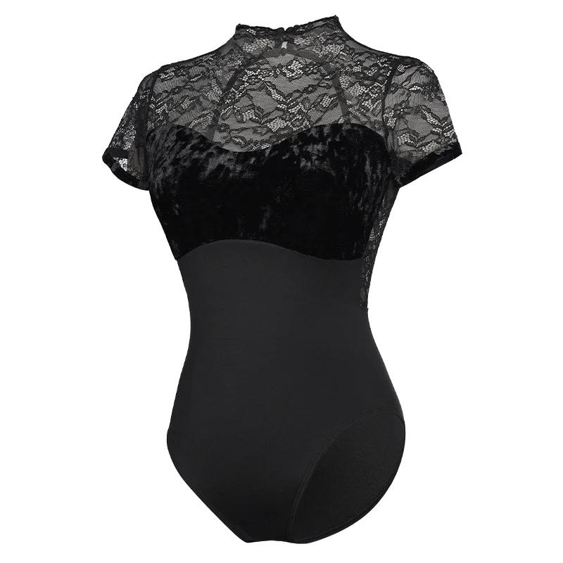 Ballett-Trikots für Damen, Erwachsene, Vintage-Spitze, Stehkragen, Overall, kurze Ärmel, Tanz-Body, schwarze Gymnastik-Trikots