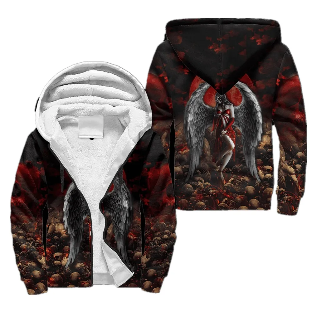 

New Fashion Winter Men's Thick Hoodie Reaper Scythe Skull 3D Printed Velvet Zipper Hoodie Unisex Casual Sports Warm Wool Jacket