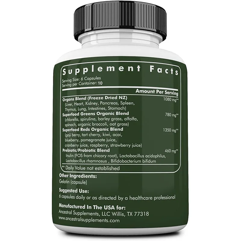 Green Powder Capsules Containing Spirulina,microalgae,grass Fed Beef Organs,and Probiotics, Promoting Intestinal , Non Gmo