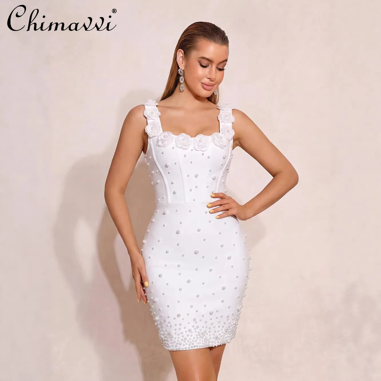 

American Fashion Sexy Backless Beads 3D Flower White Bandage Dress Sleeveless High Waist Bodycon Party Mini Dresses For Women