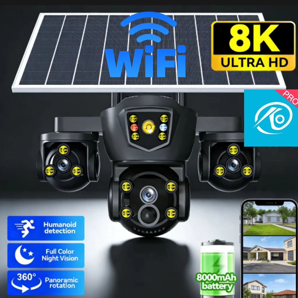 V380 Pro Triple Screen Solar Security Camera Outdoor Triple Lens, WiFi Battery CCTV External WiFi Cam