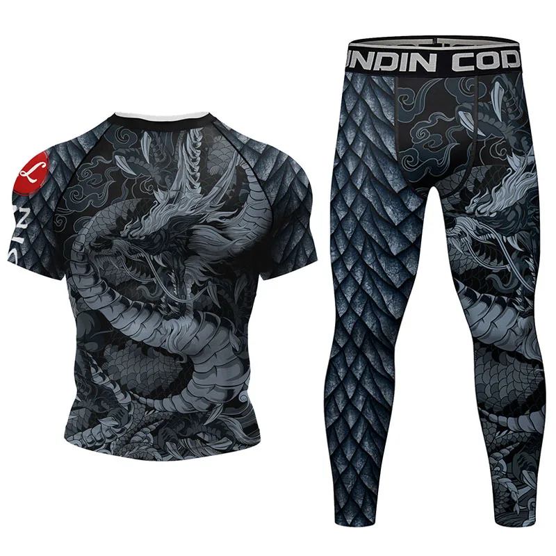 Men Rashguard MMA T-shirt +Pants 4PCS/Suit Jiu Jitsu Black Grappling Bjj Gi Boxing Rash Guard Sportwear lLeggings Set MMA Shorts