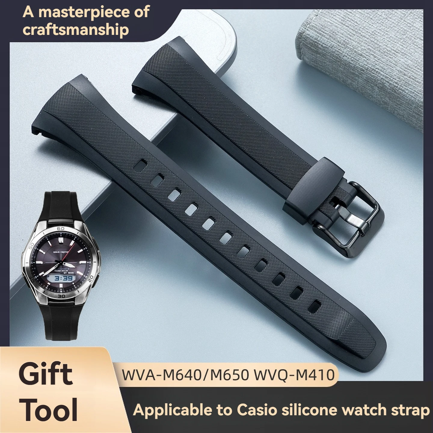 For Casio Solar 6-Band Series: Water-resistant Black Soft Silicone  For WVA-M640/WVA-M650 WVQ-M410 Watch Strap Accessories