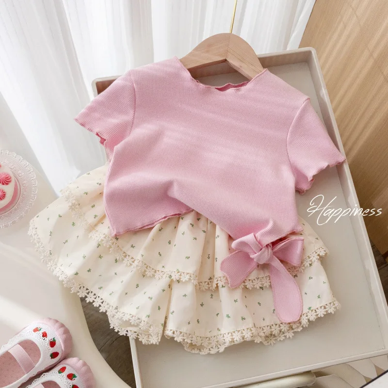 

Bellbell Summer Kids Girls Outfit Children Girl Solid Short Sleeves Suits Loose Lace Floral Print Little Girls Culottes 2PCS Set