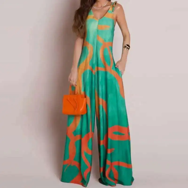 Pelele con tirantes sin mangas y estampado informal, monos plisados de calle a la moda, mono elegante con cuello en V y bolsillo de pierna ancha
