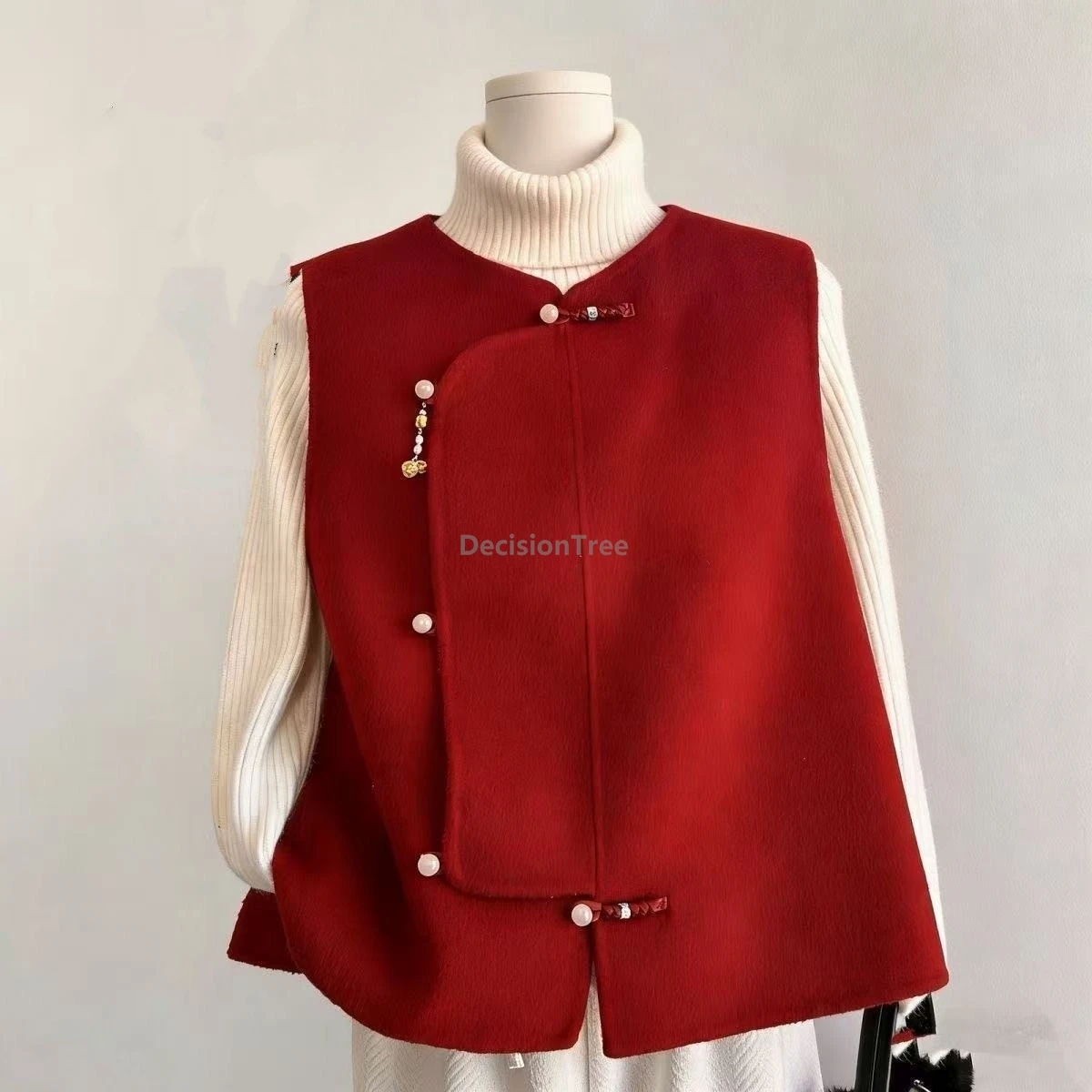 Chinese style tang suits vest with pendant oriental style vintgae vest women red spring festival elegant temperament warm vest