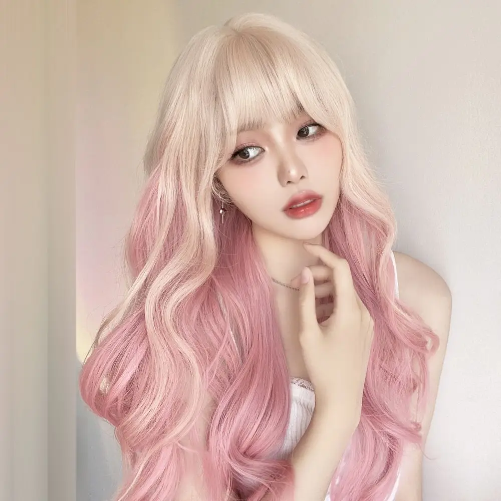 

Synthetic Wigs [Spring Cherry Pink] Platinum Gradient Pink Long Curly Hair Trendy Influencer Gradient Color Big Waves