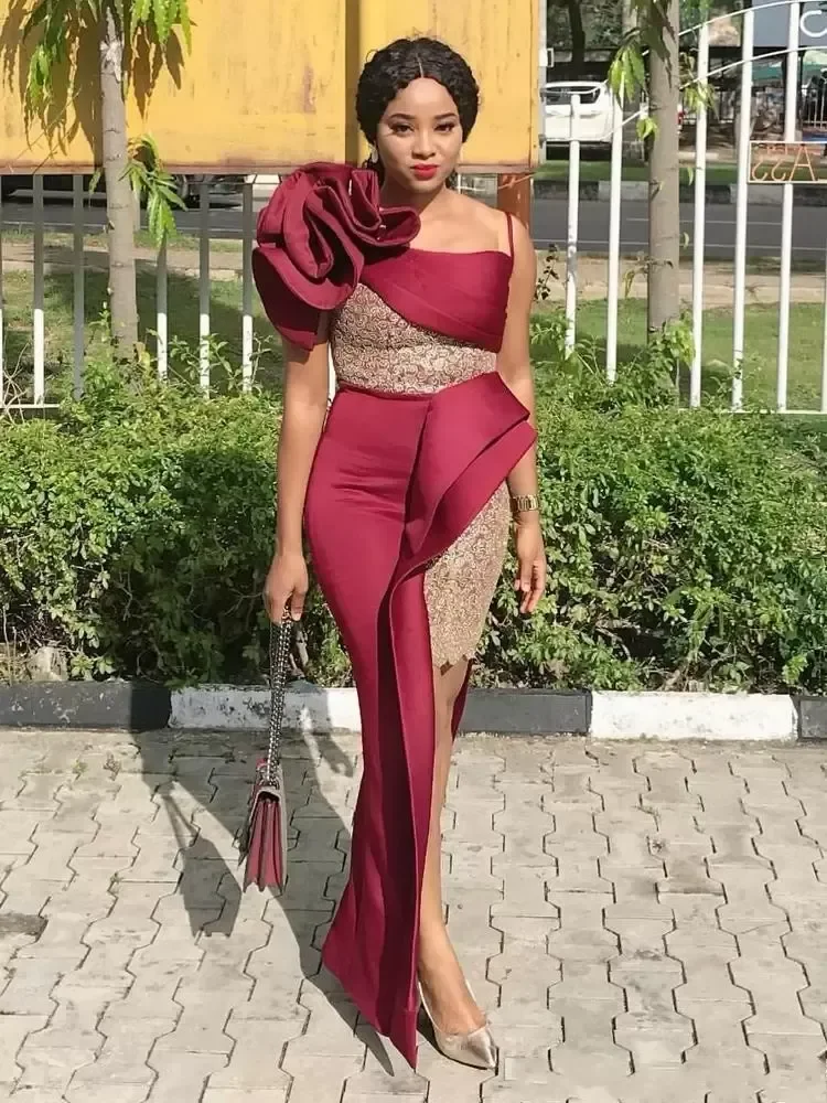 

Customized Mermaid Evening Dresses One Shoulder Burgundy Handmade Flowers Lace African Women Plus Size Prom Dress