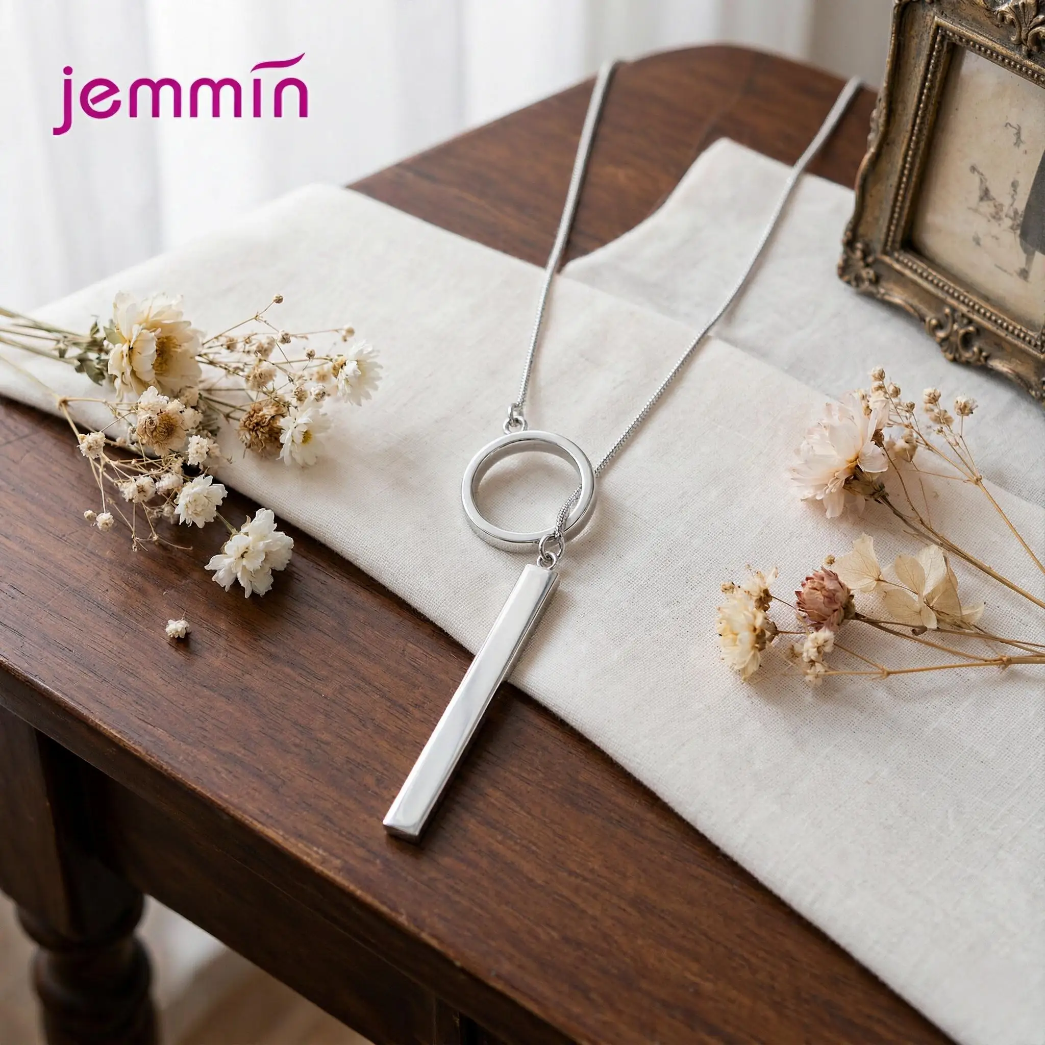 Creative 925 Sterling Silver Circle Strip Long Chain Pendant Necklaces for Women Girls Anniversary Party Fashion Jewelry Gifts