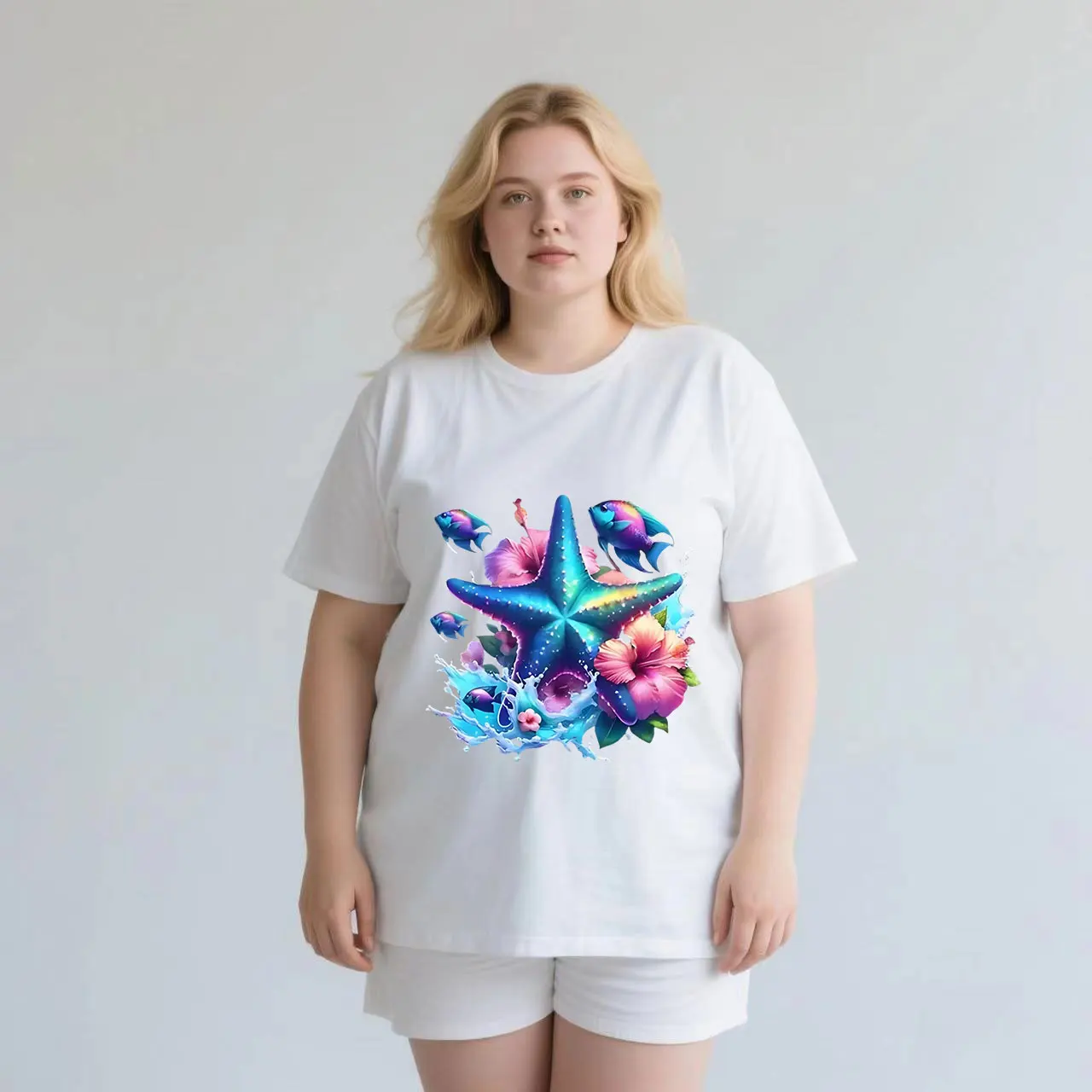 

Cartoon starfish print sustainable fashion bestseller plus size Ladies' casual short sleeved T-shirt white