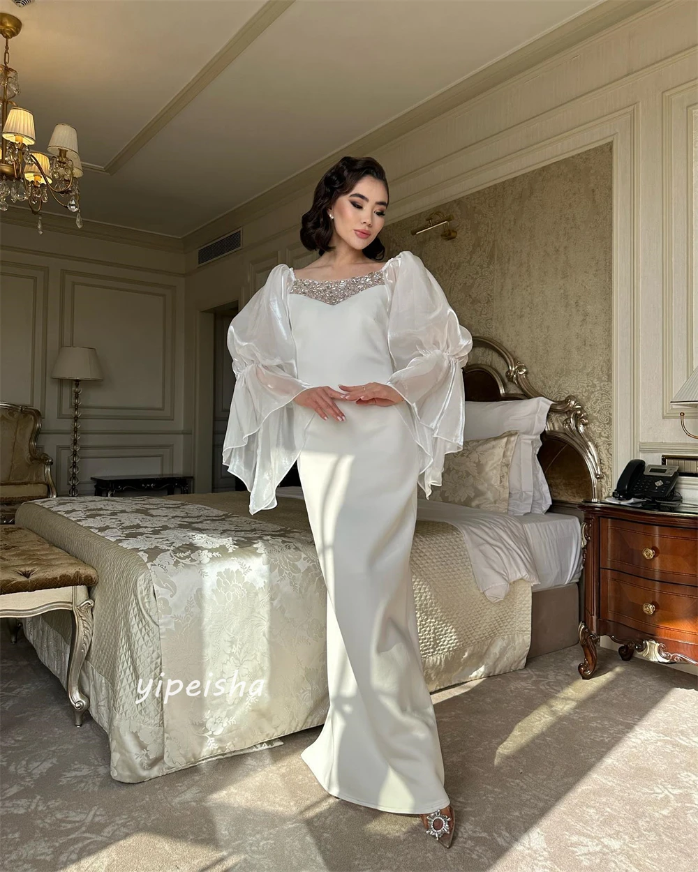 Robe de Soirée en Satin Personnalisée, Tenue Classique Moderne, de Haute Qualité, à Col Carré, Ligne A, avec Perles, sur Mesure, pour Occasions