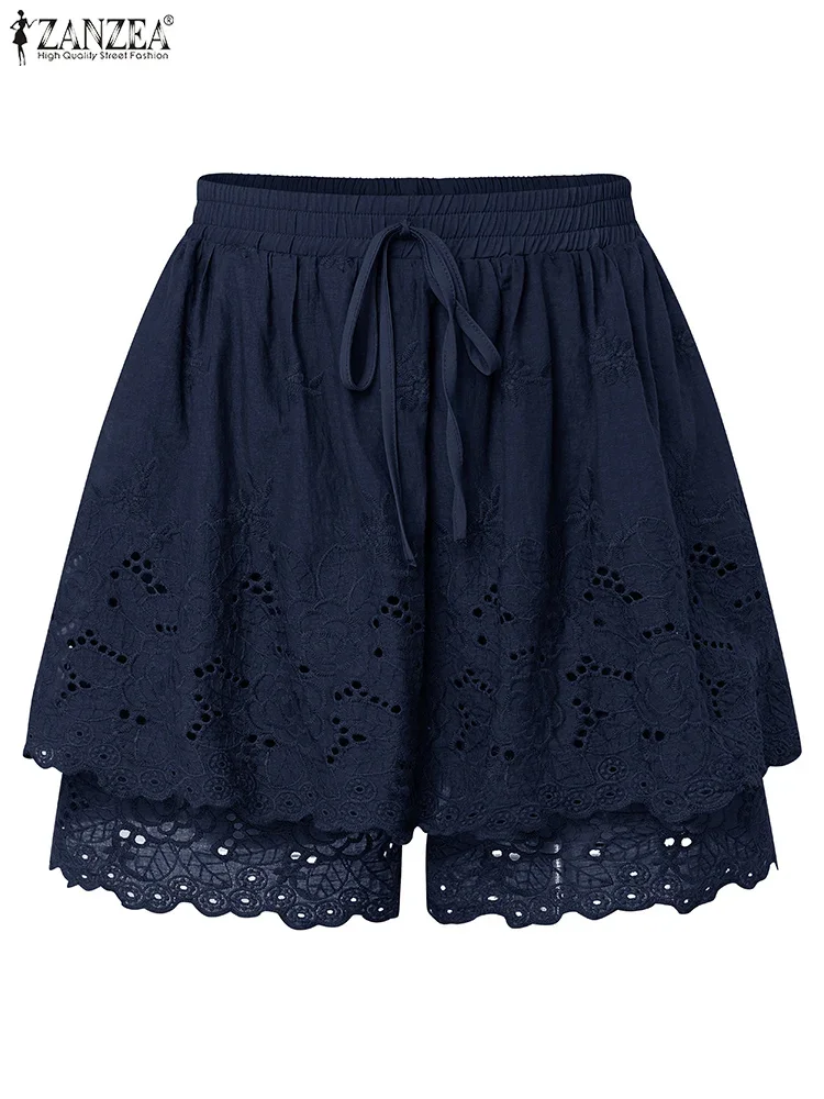 ZANZEA Moda 100% Cotone Donna Pantaloncini a vita alta in pizzo Pantaloni a gamba larga 2025 Estate Elastico in vita Dolce ed elegante Pantaloni solidi