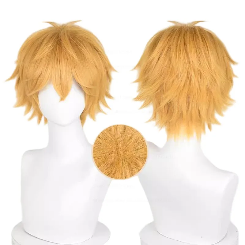 

Akihiko Nirei Cosplay Wig Short Golden Orange Wigs Fluffy Heat Resistant Synthetic Hair Halloween Party Wigs + Wig Cap