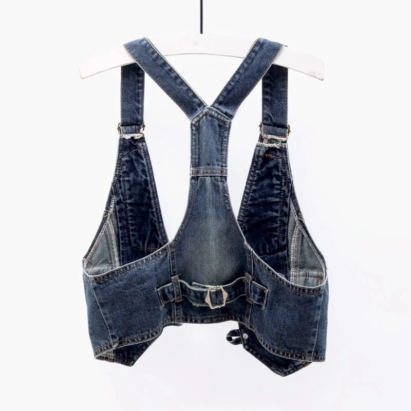 Vintage Blue Sling V Neck Pocket Denim Vest Women Slim Short Waistcoat Cowboy Sleeveless Jacket Coat Casual Jeans Vests Female