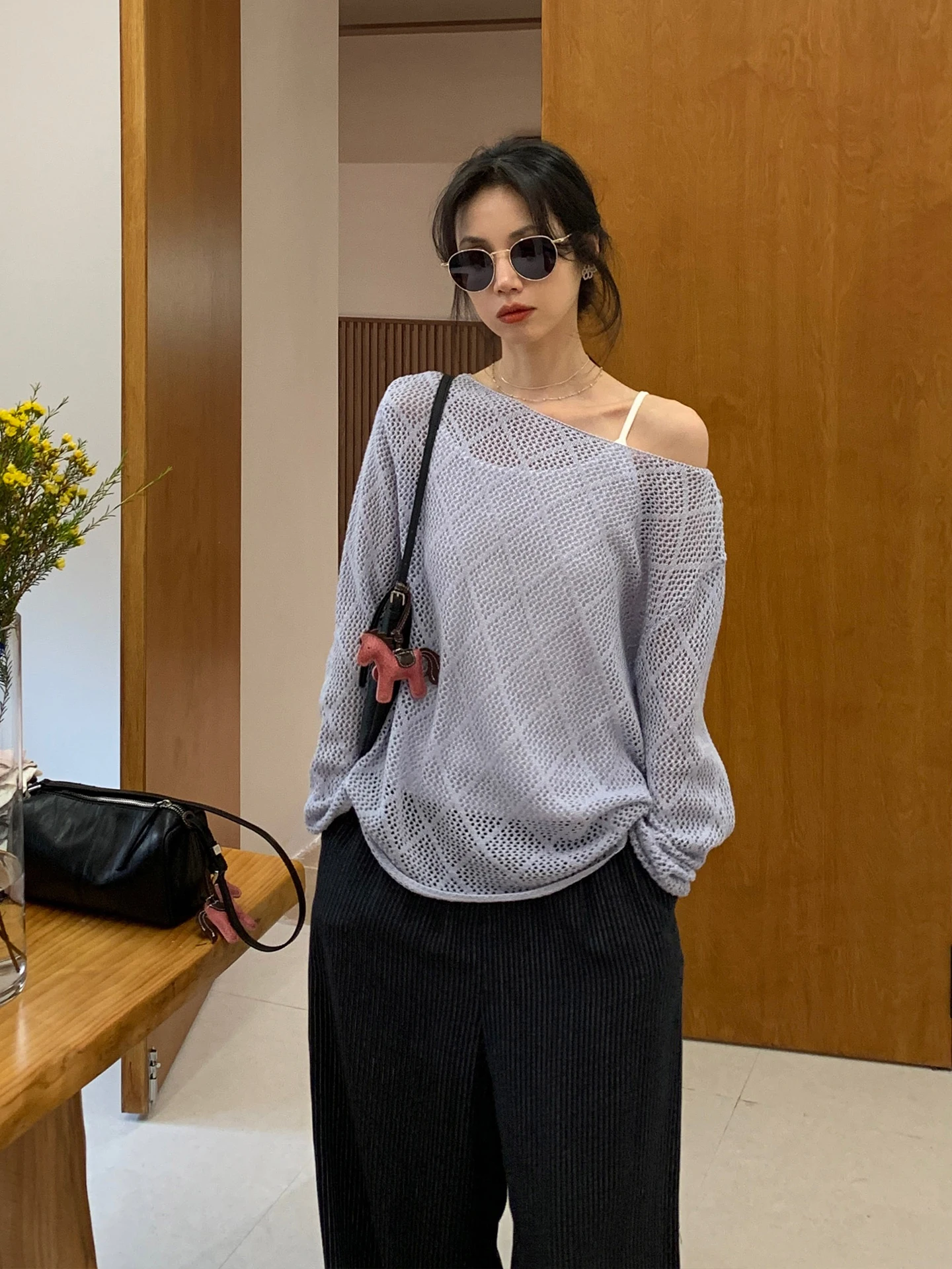 

Светло-голубой ажурный вязаный топ с длинными рукавами и комплект из двух предметов для женщин, весна 2026, свободный крой, удобный, в корейском стиле