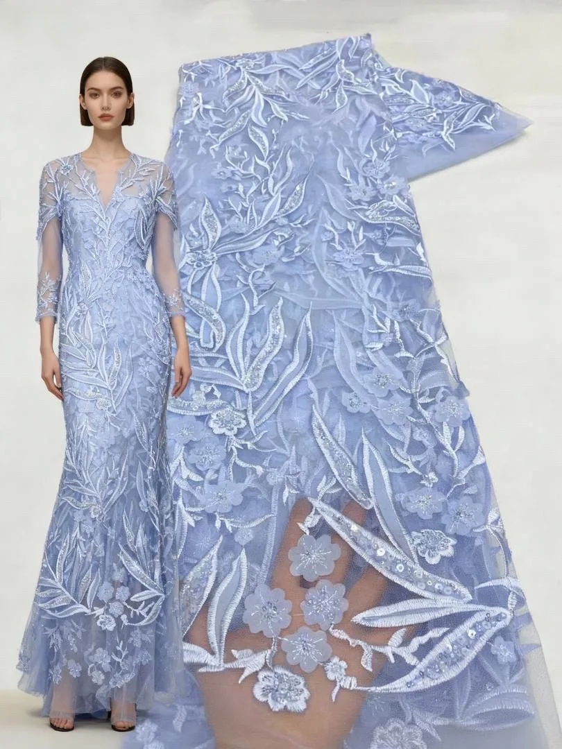 

French Mesh With Sequence African Fabric Lace High Quality 2025 Groom Lace Fabrics 5 Yards Beaded French Mesh For Dress Sewing