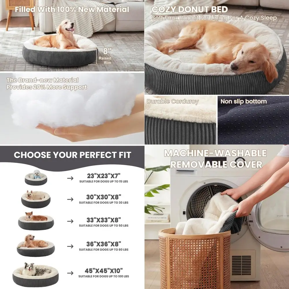 

Большая круглая лежанка для собак в форме пончика - съемный моющийся чехол, плюшевый искусственный мех и вельвет, подходит для животных весом до 36 кг, темно-серый