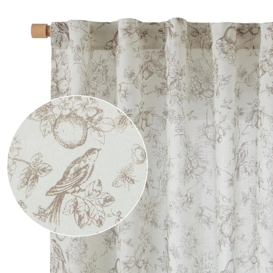 

Linen Floral Curtains for Living Room 84 Inch Length Taupe Drapes Back Tab Light Filtering Toile Printed Farmhouse Bedroom Decor