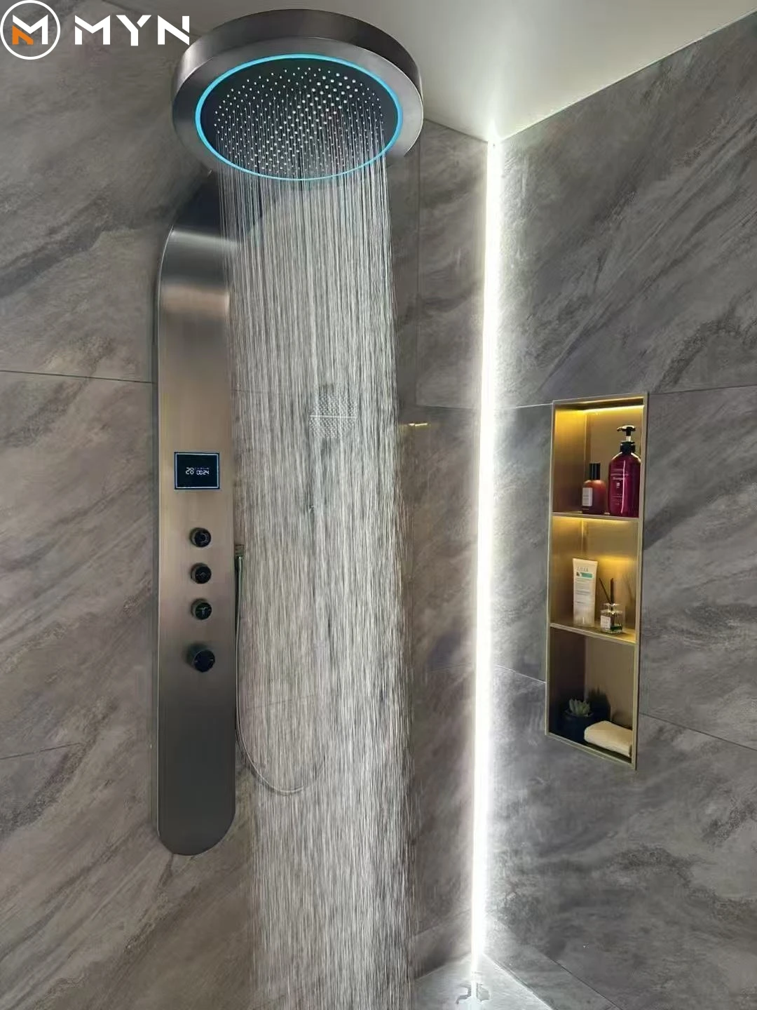 2026 Newest Design Tiktok  Black Brass Wall Mounted Smart Digital Display Bathroom Rainfall Water Massage Led Shower Panel