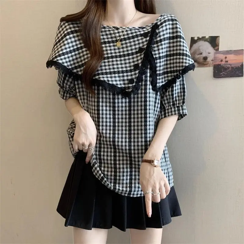 

Summer New Irregular Lace Patchwork Ruffle Grid Short Sleeve Blouse