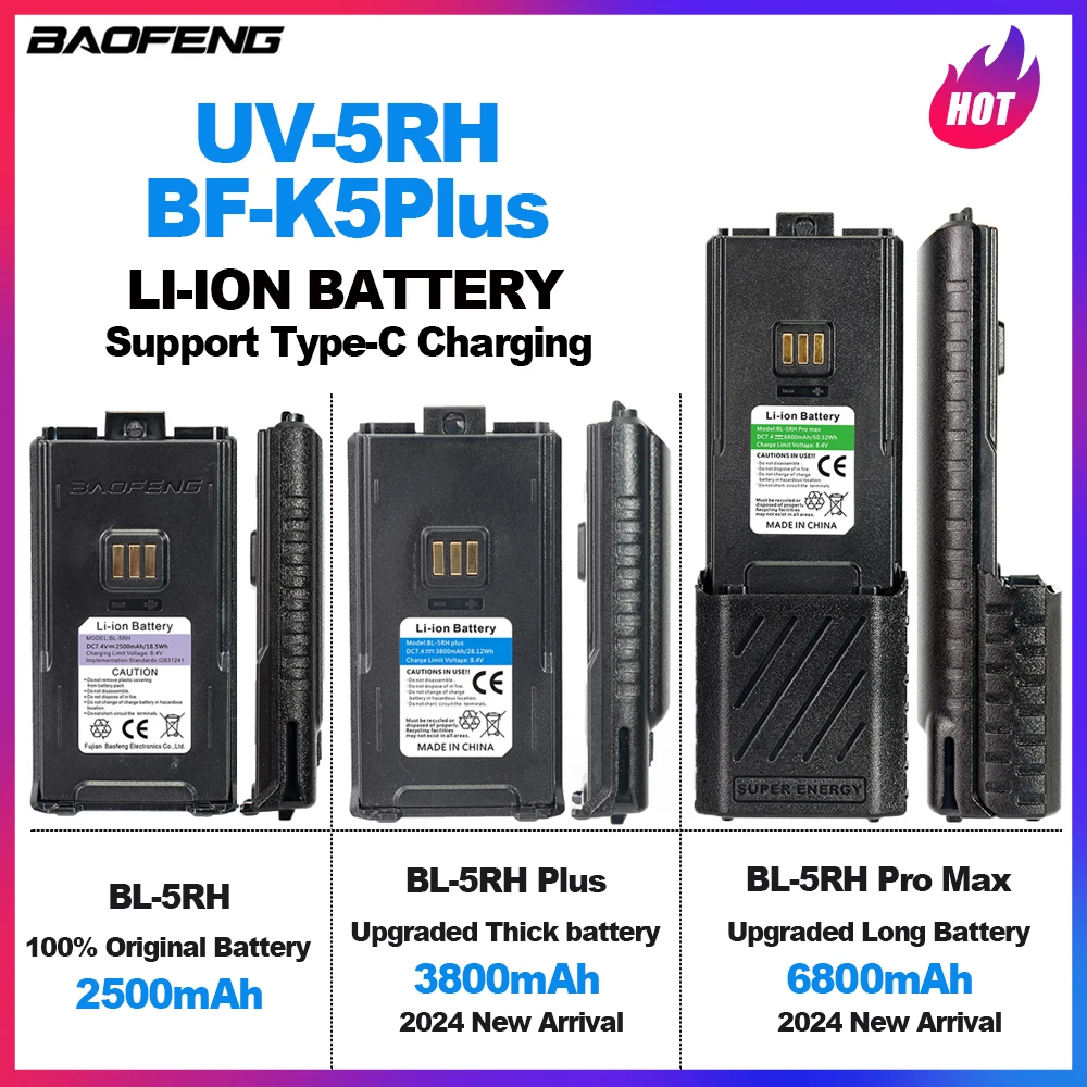 Baofeng UV-5RH BF-K5Plus Walkie Talkie Battery 2024 New Upgraded Enlarge Battery 6800/3800mAh Li-ion Battery Can Type-C Charging