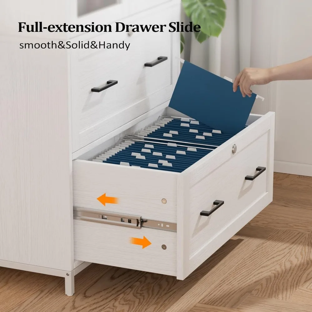 Lateral File Cabinet with Glass Doors, 2 Locking Drawers for Files, Adjustable Shelves Bookshelf for Home Office Organization